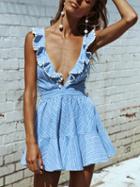 Choies Blue Plunge Ruffle Strappy Back Skater Dress