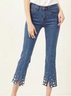 Choies Blue Split Cuff Faux Pearl Embellished Cropped Jeans