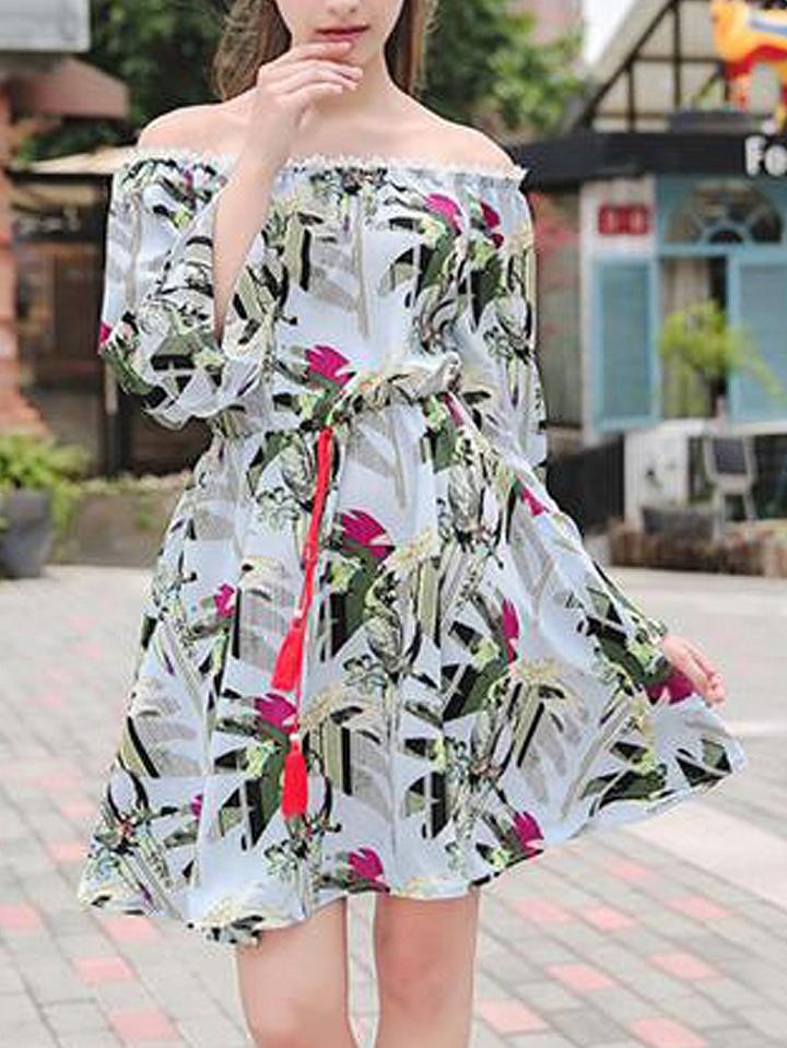 Choies Blue Tropical Print Off Shoulder Bell Sleeve Skater Dress