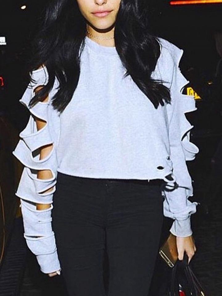 Choies Gray Crew Neck Cut Out Detail Long Sleeve Crop Sweatshirt