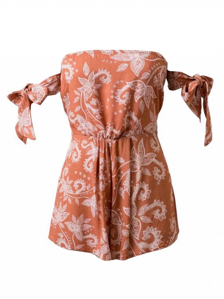 Choies Orange Brown Off Shoulder Paisley Tie Sleeve Romper Playsuit