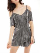 Choies Silver V-neck Cold Shoulder Spaghetti Strap Romper Playsuit