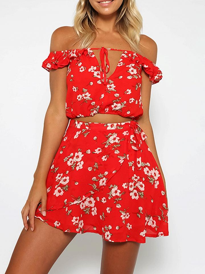 Choies Red Off Shoulder Floral Ruffle Trim Crop Top And Skirt