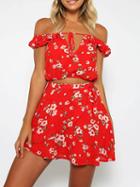 Choies Red Off Shoulder Floral Ruffle Trim Crop Top And Skirt