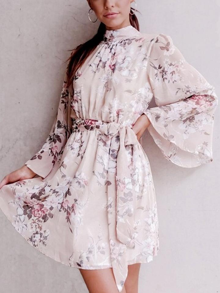 Choies Beige Tie Waist Floral Print Open Back Flare Sleeve Mini Dress