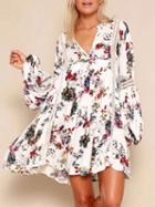 Choies Polychrome Floral V-neck Lace Panel Blouson Sleeves Mini Dress