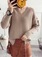 Choies Khaki V-neck Lace Up Sleeve Knit Sweater
