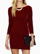 Choies Wine Red Long Sleeve Backless Velvet Bodycon Dress