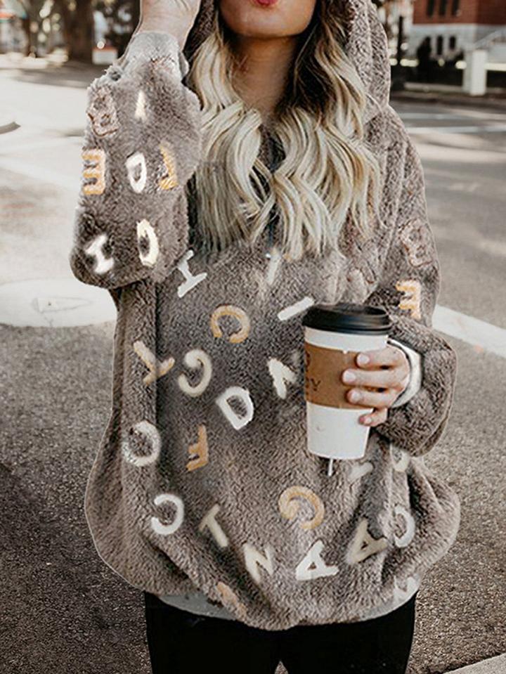 Choies Light Brown Letter Print Long Sleeve Women Fleece Hoodie