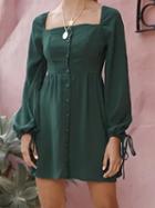 Choies Green Cotton Button Placket Front Long Sleeve Chic Women Mini Dress