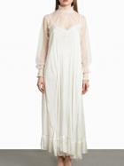 Choies White High Neck Sheer Mesh Panel Ruffle Hem Maxi Dress