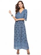 Choies Blue V-neck Thigh Split Print Detail Maxi Dress