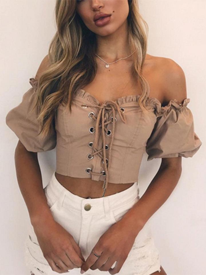 Choies Khaki Off Shoulder Eyelet Lace Up Front Crop Top