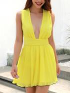 Choies Yellow Chiffon Plunge Cross Strap Back Chic Women Mini Dress