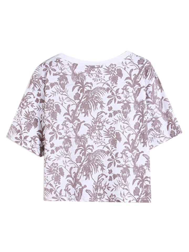 Choies Dark Gray Floral Leaves Print Short Sleeve Crop Tee
