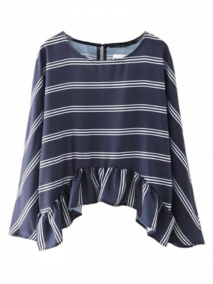 Choies Navy Stripe Print Keyhole Back Peplum Detail Asymmetric Blouse