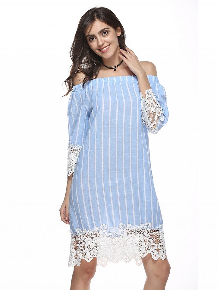 Choies Blue Stripe Off Shoulder Lace Hem 3/4 Sleeve Dress
