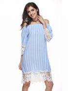 Choies Blue Stripe Off Shoulder Lace Hem 3/4 Sleeve Dress