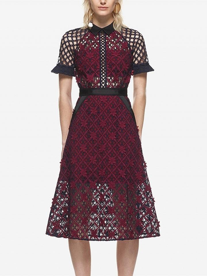 Choies Burgundy Grid Cut Out Lace Keyhole Back Short Sleeve Midi Dress