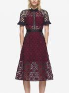Choies Burgundy Grid Cut Out Lace Keyhole Back Short Sleeve Midi Dress