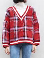 Choies Red Plaid Contrast High Neck Long Sleeve Knit Sweater