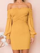 Choies Yellow Off Shoulder Stretch Cross Puff Sleeve Bodycon Mini Dress