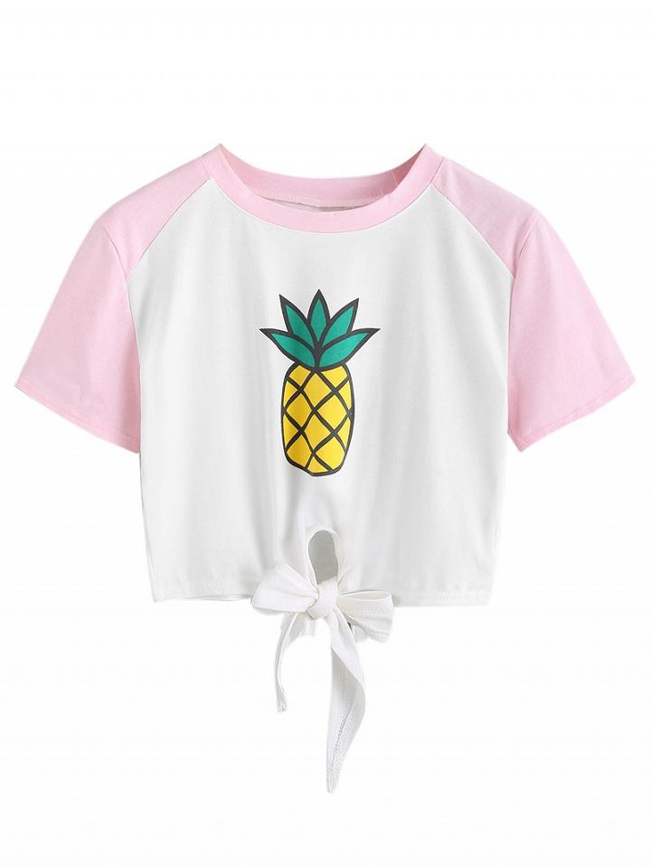 Choies White Pineapple Print Raglan Sleeve Tie Front Crop T-shirt