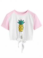 Choies White Pineapple Print Raglan Sleeve Tie Front Crop T-shirt
