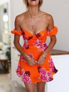 Choies Orange Off Shoulder Floral Print Puff Sleeve Mini Dress