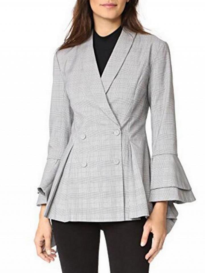 Choies Light Blue Plaid Lapel Double-breasted Flare Sleeve Blazer