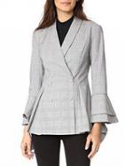 Choies Light Blue Plaid Lapel Double-breasted Flare Sleeve Blazer