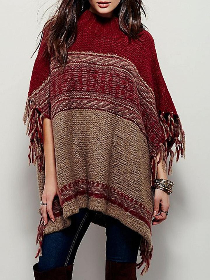Choies Color Block Tassel Trim Knit Poncho