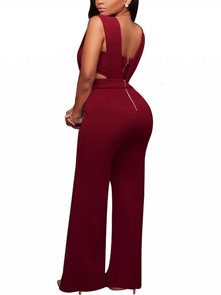 Choies Red Thigh Split Front Zip Back Jumpsuit