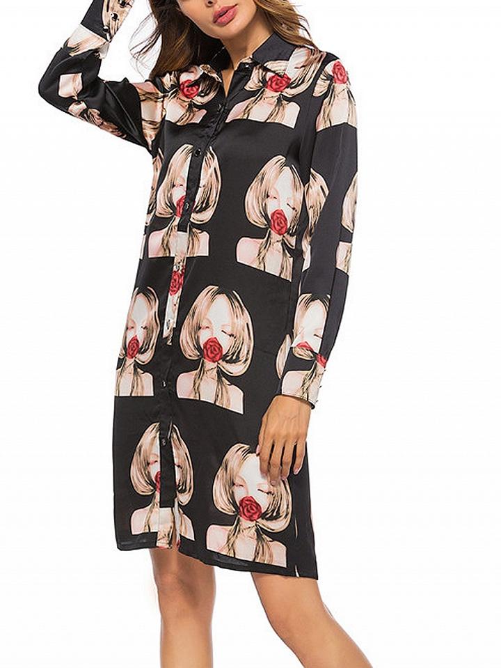 Choies Black Cartoon Print Long Sleeve Shirt Dress