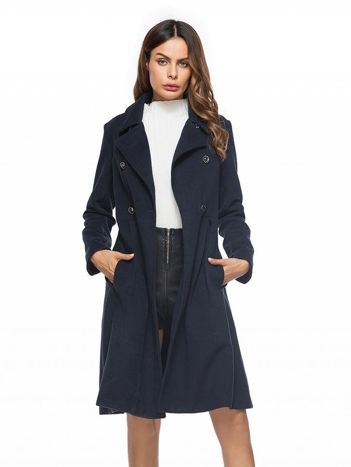 Choies Navy Blue Lapel Double-breasted Longline Wool Blend Coat