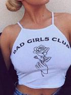 Choies White Cotton Halter Letter And Rose Print Chic Women Crop Cami Top