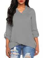 Choies Gray V-neck Dipped Hem Long Sleeve Blouse