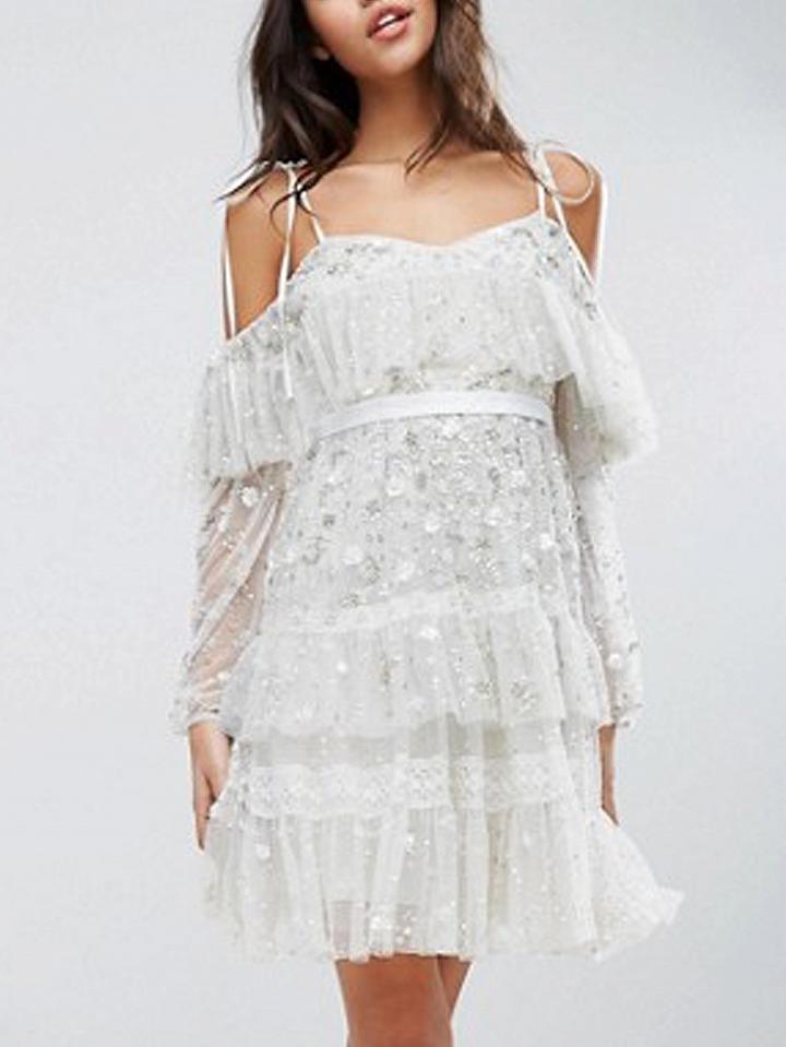 Choies Gray Mesh Foil Print Cold Shoulder Layered Ruffle Cami Dress