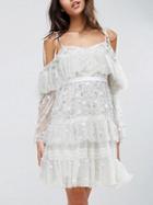 Choies Gray Mesh Foil Print Cold Shoulder Layered Ruffle Cami Dress