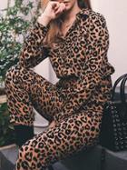Choies Brown Leopard Print Buckle Strap Waist Long Sleeve Jumpsuit