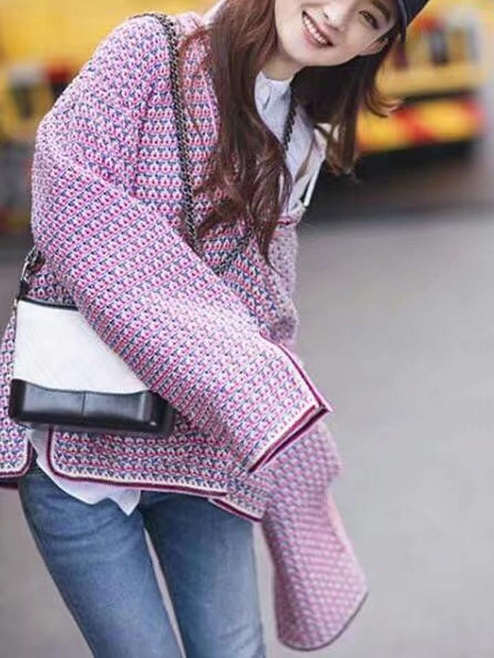 Choies Pink V-neck Stripe Split Side Long Sleeve Knit Sweater