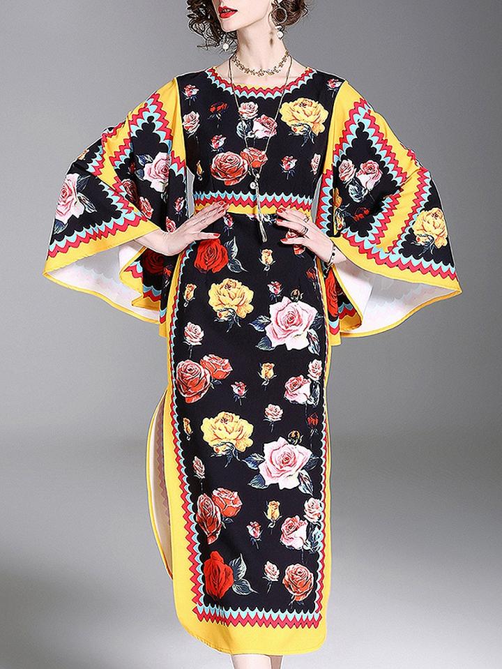 Choies Black Crew Neck Floral Print Flare Sleeve Maxi Dress