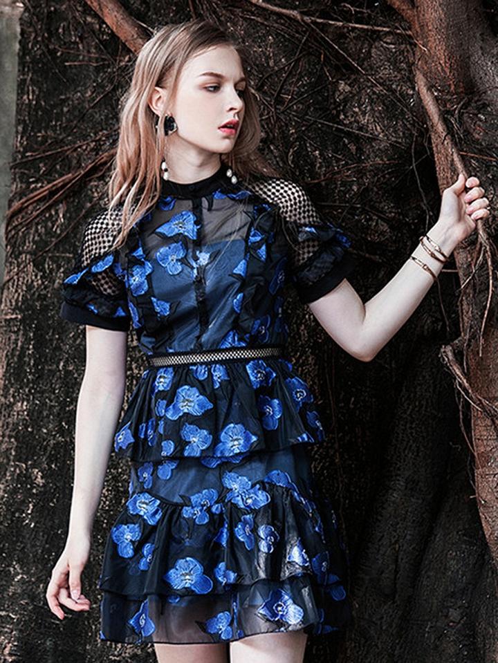 Choies Blue Ruffle Trim Open Back Mesh Panel Mini Dress