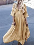 Choies Yellow V Neck Asymmetric Hem Maxi Dress
