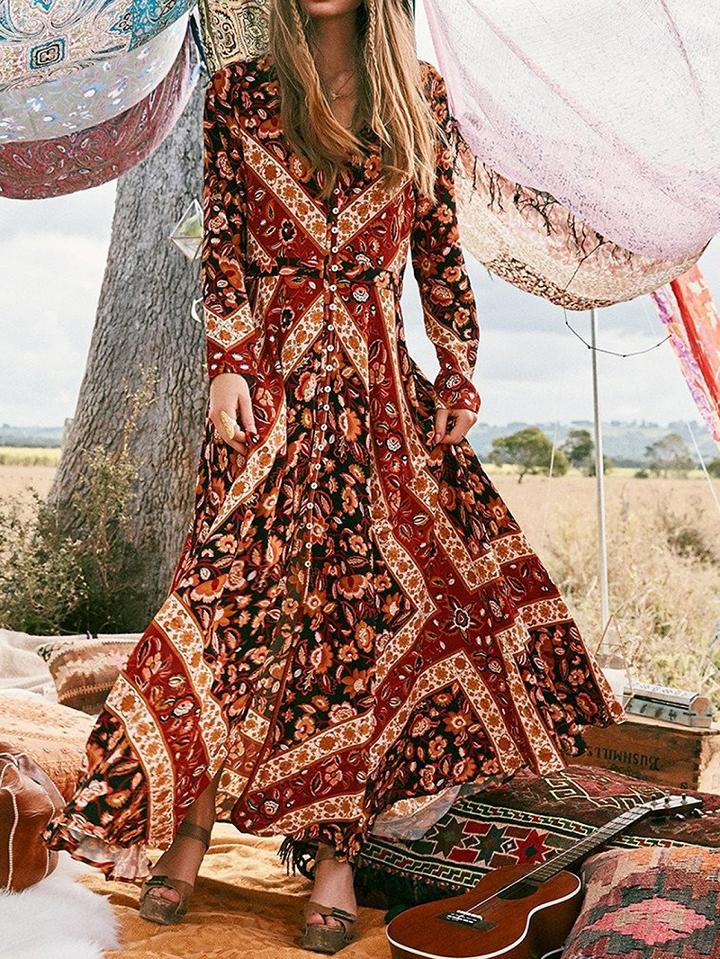 Choies Brown V-neck Floral Print Button Placket Front Maxi Dress