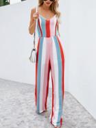 Choies Multicolor Stripe Cotton Spaghetti Strap V-neck Chic Women Jumpsuit