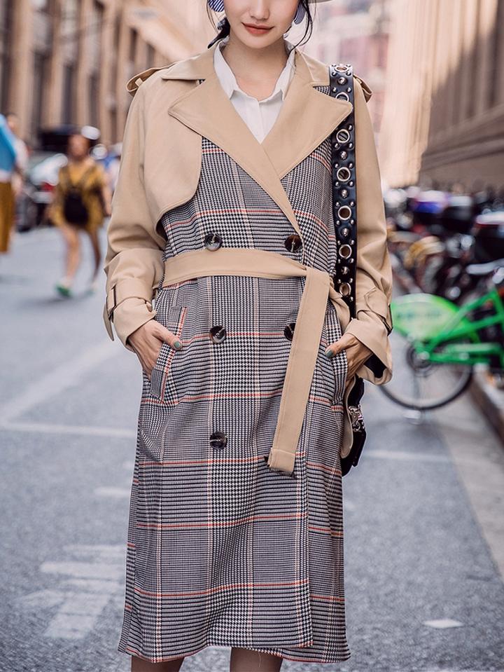 Choies Color Block Plaid Lapel Tie Waist Double-breasted Longline Coat
