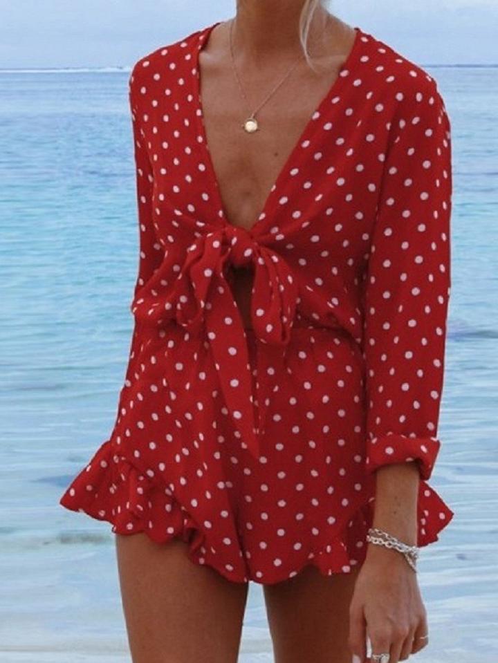 Choies Red V-neck Polka Dot Print Long Sleeve Chic Women Romper Playsuit