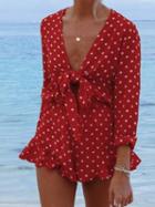 Choies Red V-neck Polka Dot Print Long Sleeve Chic Women Romper Playsuit