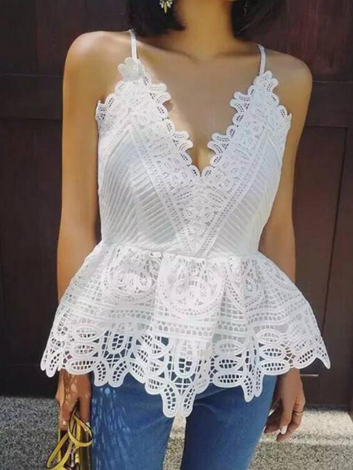 Choies White Plunge V-neck Strap Back Cross Lace  Vest